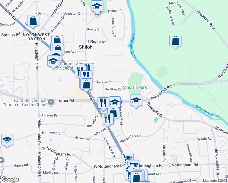 map of restaurants, bars, coffee shops, grocery stores, and more near 232 Loretta Drive in Dayton