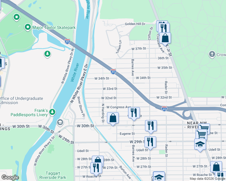 map of restaurants, bars, coffee shops, grocery stores, and more near 1302 West 33rd Street in Indianapolis