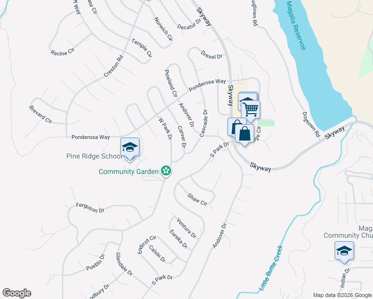 map of restaurants, bars, coffee shops, grocery stores, and more near 13898 Carver Drive in Magalia