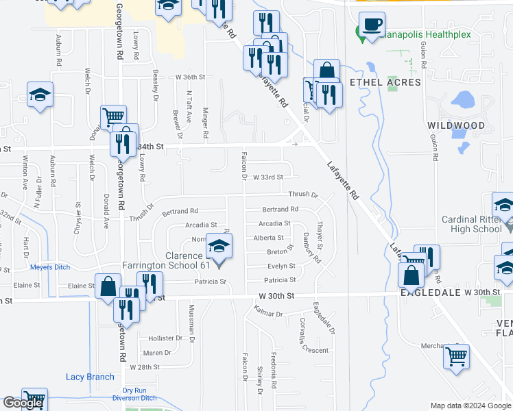 map of restaurants, bars, coffee shops, grocery stores, and more near 4126 Bertrand Road in Indianapolis