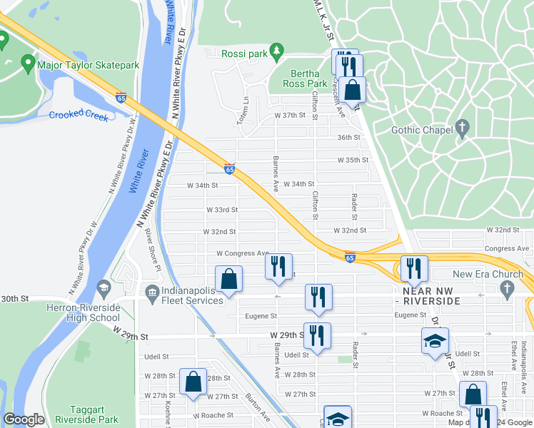 map of restaurants, bars, coffee shops, grocery stores, and more near 1215 West 33rd Street in Indianapolis