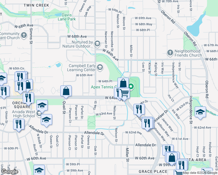 map of restaurants, bars, coffee shops, grocery stores, and more near 10650 West 64th Place in Arvada