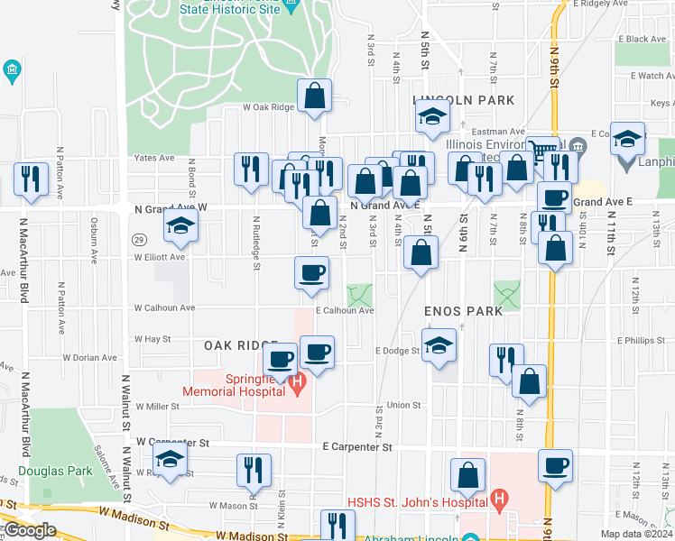 map of restaurants, bars, coffee shops, grocery stores, and more near 1101 North 2nd Street in Springfield
