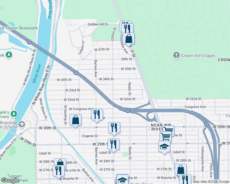 map of restaurants, bars, coffee shops, grocery stores, and more near 1034 West 33rd Street in Indianapolis