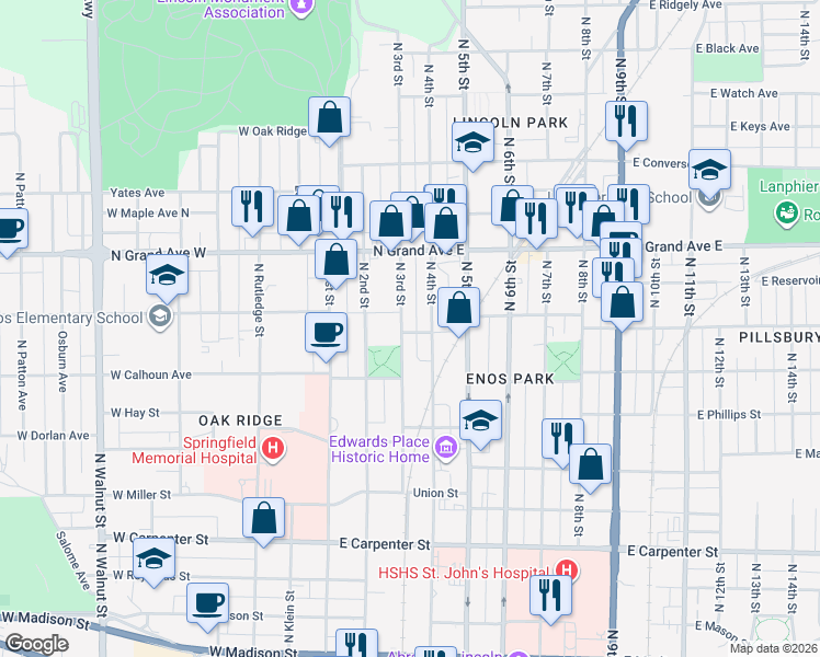 map of restaurants, bars, coffee shops, grocery stores, and more near 1123 North 3rd Street in Springfield