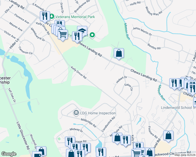 map of restaurants, bars, coffee shops, grocery stores, and more near 1070 Chews Landing Road in Laurel Springs