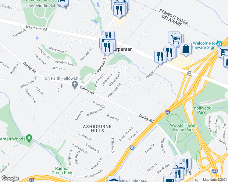 map of restaurants, bars, coffee shops, grocery stores, and more near Peachtree Road in Claymont