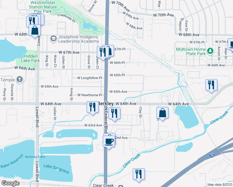 map of restaurants, bars, coffee shops, grocery stores, and more near 2901 West 65th Avenue in Denver