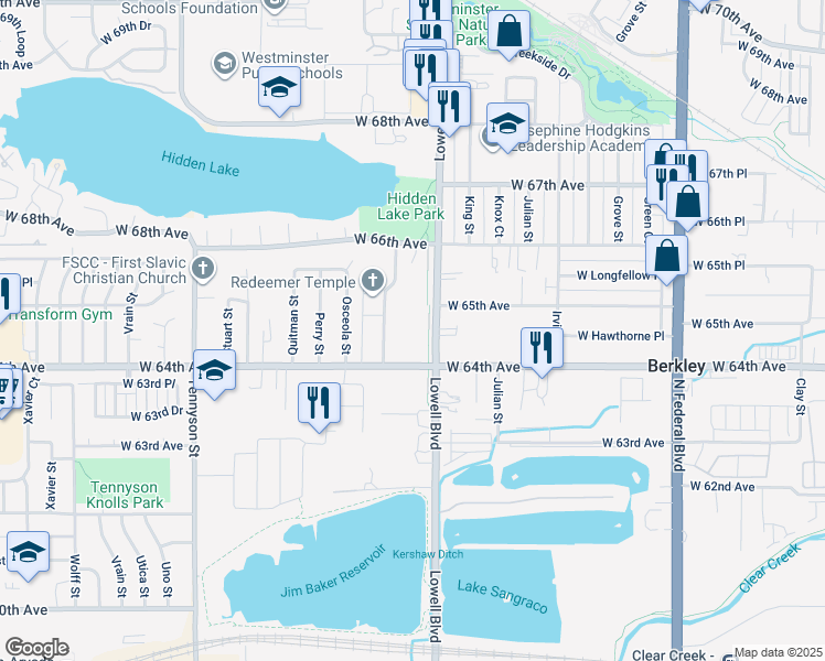 map of restaurants, bars, coffee shops, grocery stores, and more near 6501 Lowell Boulevard in Denver