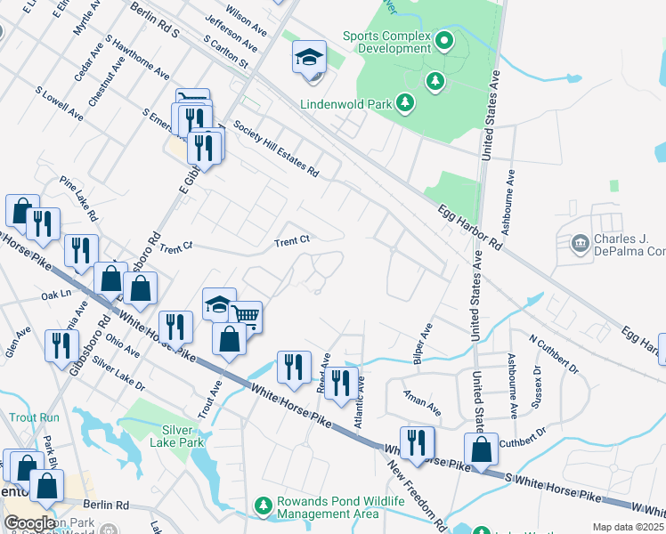 map of restaurants, bars, coffee shops, grocery stores, and more near 26 Chelsea Circle in Clementon