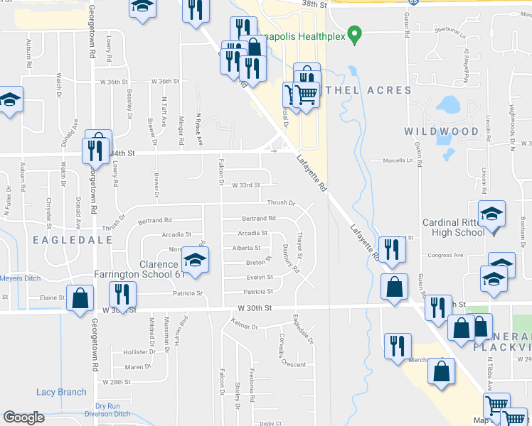 map of restaurants, bars, coffee shops, grocery stores, and more near 4002 Thrush Drive in Indianapolis