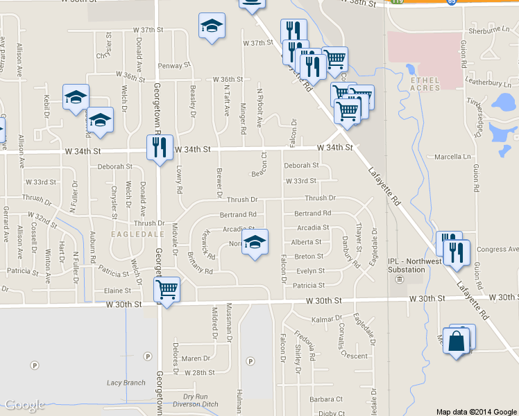 map of restaurants, bars, coffee shops, grocery stores, and more near 4308 Thrush Drive in Indianapolis