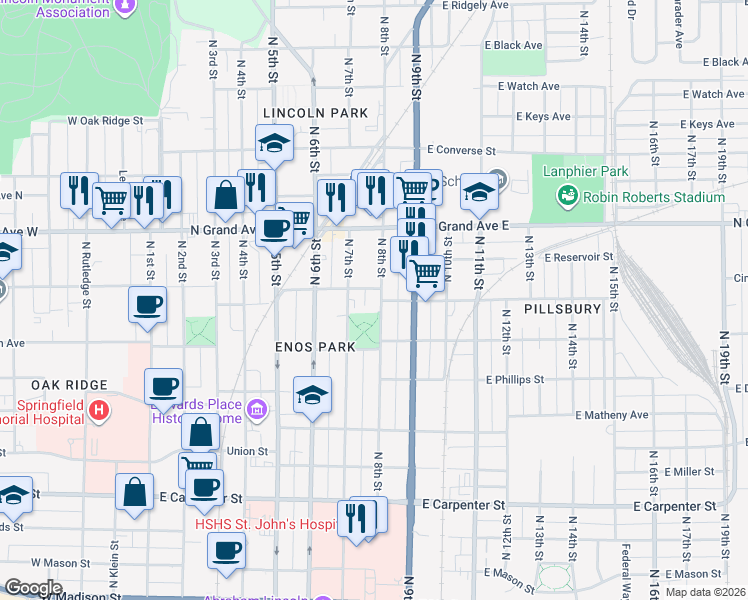 map of restaurants, bars, coffee shops, grocery stores, and more near 1104 North 8th Street in Springfield
