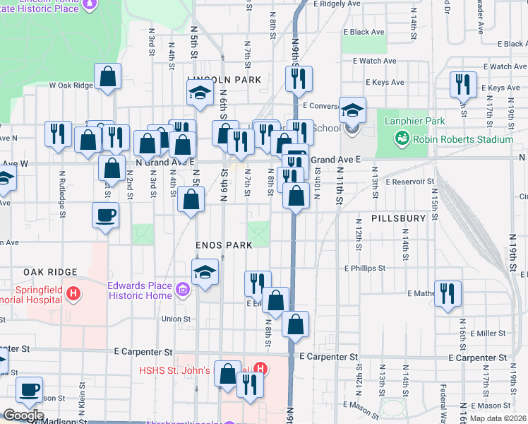 map of restaurants, bars, coffee shops, grocery stores, and more near 1104 North 8th Street in Springfield