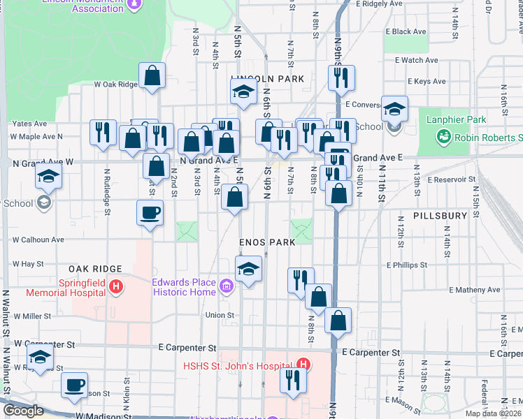 map of restaurants, bars, coffee shops, grocery stores, and more near 1100-1178 North 6th Street in Springfield