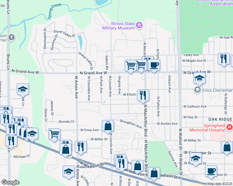 map of restaurants, bars, coffee shops, grocery stores, and more near 1112 North Lincoln Avenue in Springfield