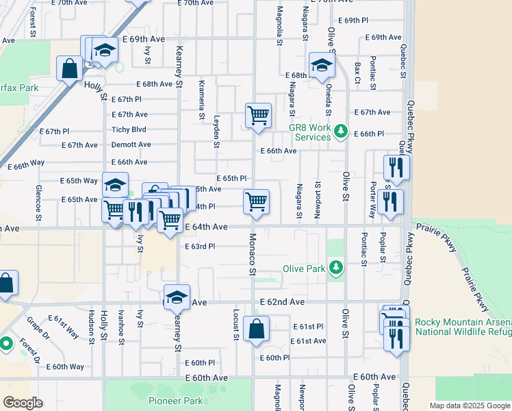 map of restaurants, bars, coffee shops, grocery stores, and more near 6446 Monaco Street in Commerce City