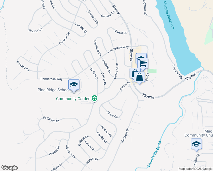 map of restaurants, bars, coffee shops, grocery stores, and more near 13898 Carver Drive in Magalia