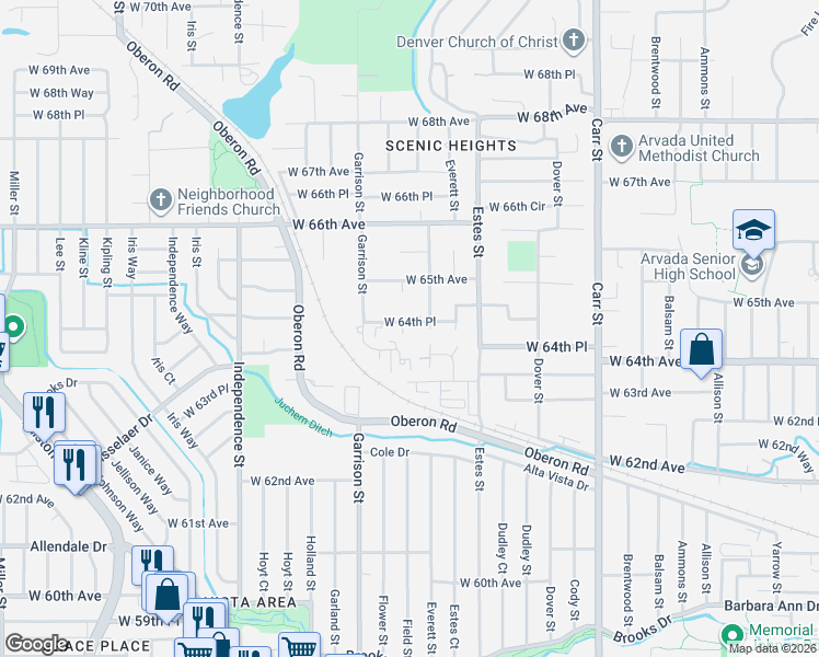 map of restaurants, bars, coffee shops, grocery stores, and more near 9085 West 64th Place in Arvada