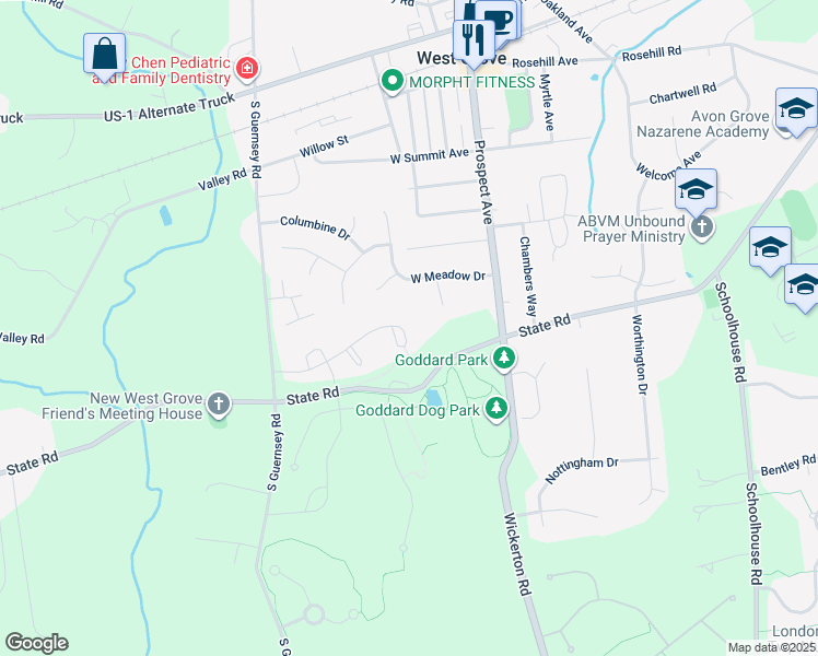 map of restaurants, bars, coffee shops, grocery stores, and more near 100 Marthas Way in West Grove