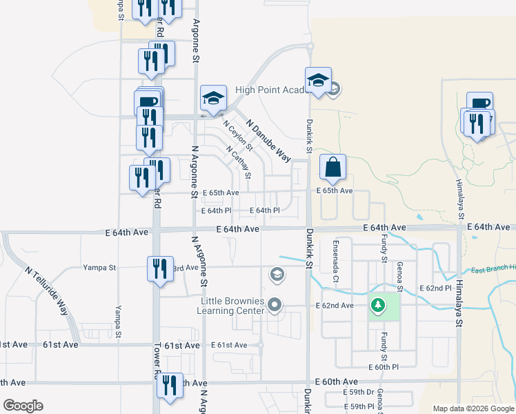 map of restaurants, bars, coffee shops, grocery stores, and more near 19030 East 65th Avenue in Denver