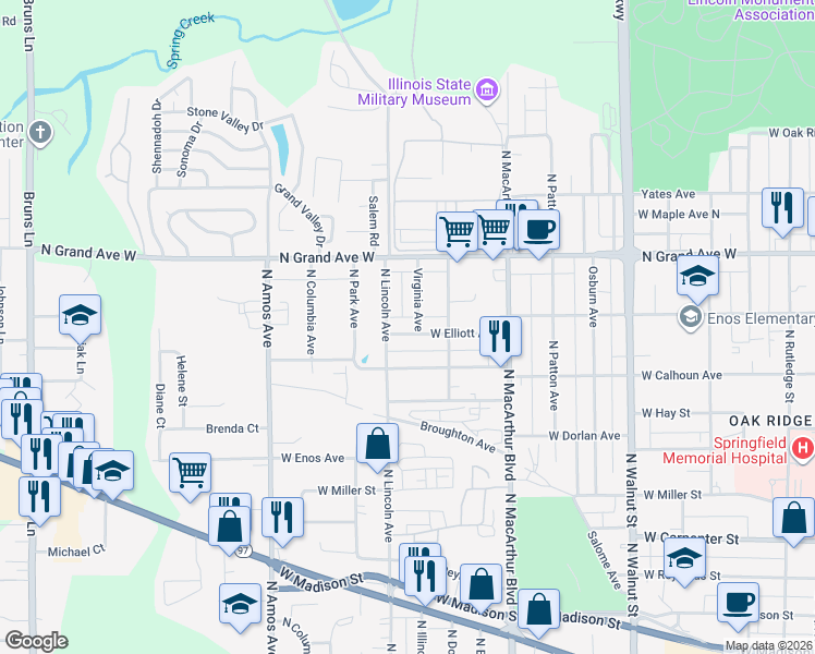 map of restaurants, bars, coffee shops, grocery stores, and more near 1112 North Lincoln Avenue in Springfield