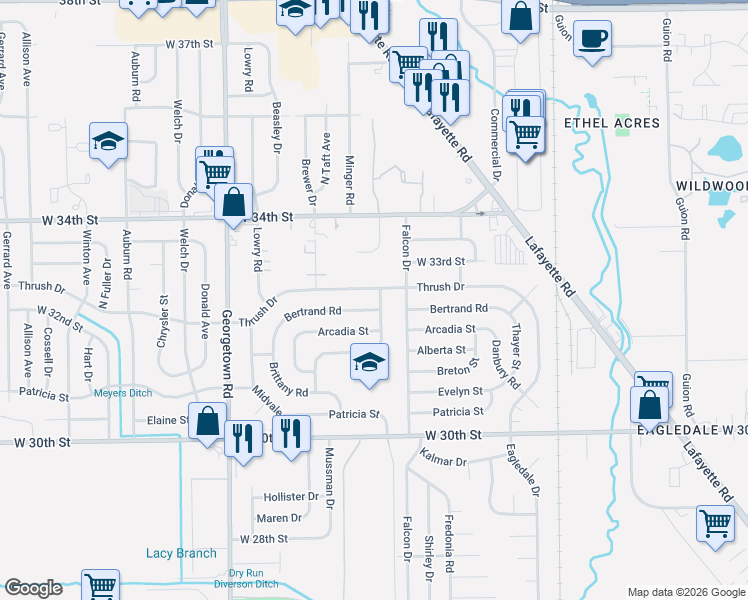 map of restaurants, bars, coffee shops, grocery stores, and more near 4308 Thrush Drive in Indianapolis