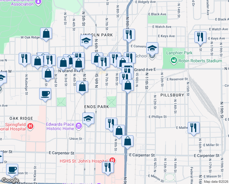 map of restaurants, bars, coffee shops, grocery stores, and more near 1104 North 8th Street in Springfield