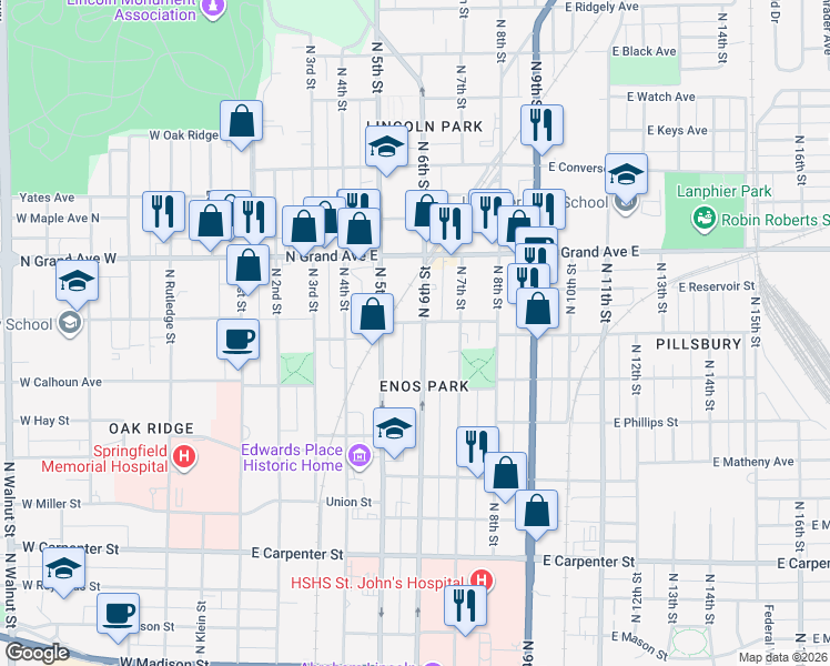 map of restaurants, bars, coffee shops, grocery stores, and more near 1100-1178 North 6th Street in Springfield