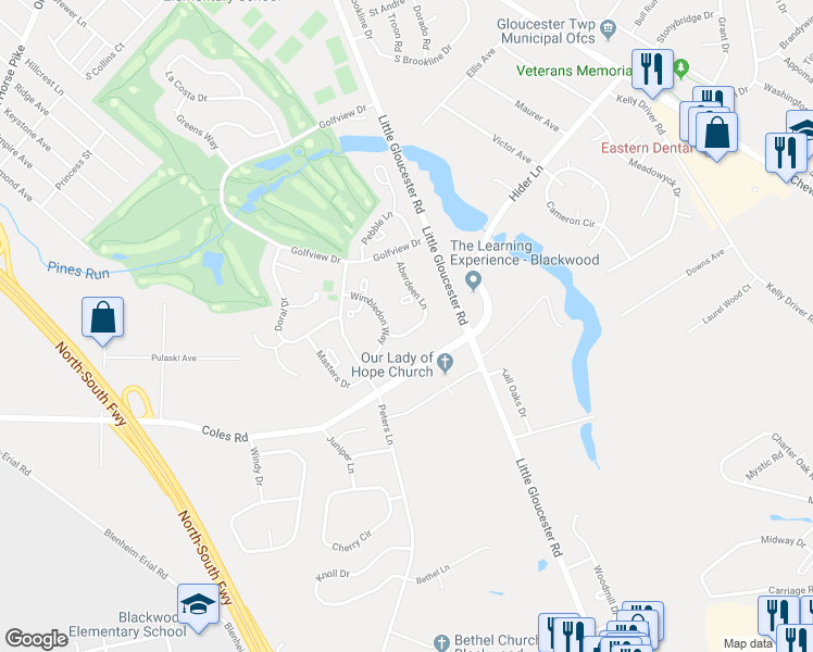 map of restaurants, bars, coffee shops, grocery stores, and more near 1701 Aberdeen Lane in Camden County