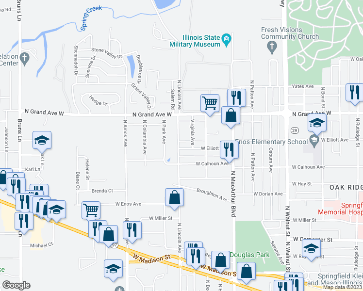 map of restaurants, bars, coffee shops, grocery stores, and more near 1157 West Elliott Avenue in Springfield