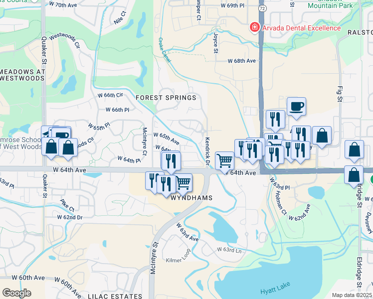 map of restaurants, bars, coffee shops, grocery stores, and more near 15243 West 65th Avenue in Arvada