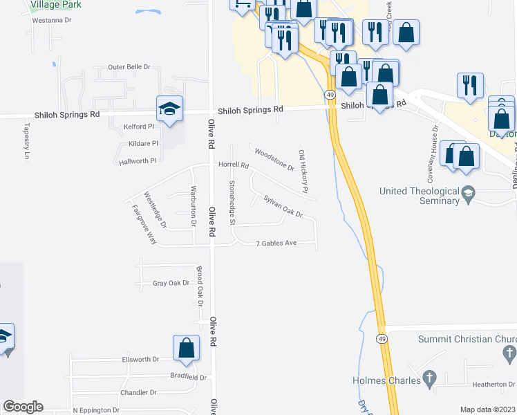 map of restaurants, bars, coffee shops, grocery stores, and more near 4616 Tara Way in Dayton
