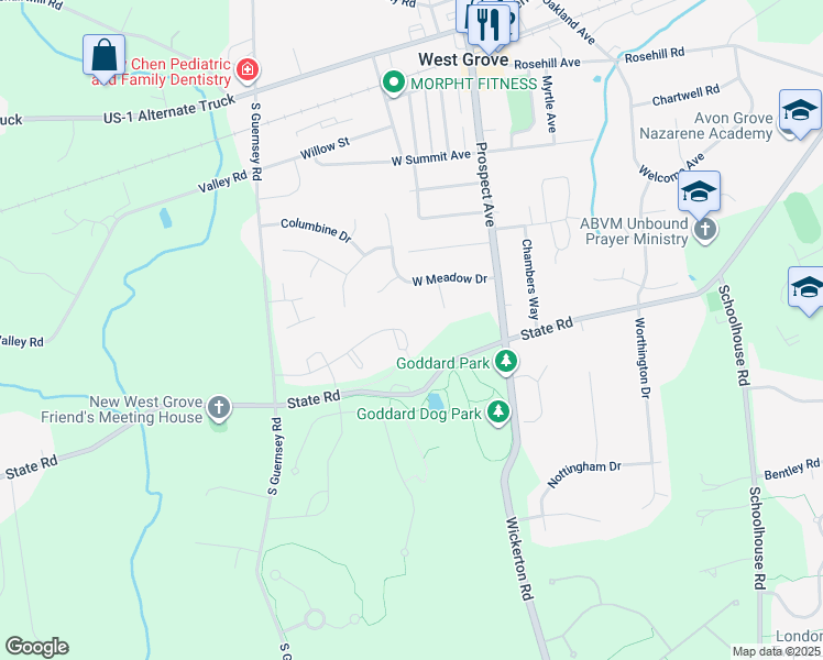 map of restaurants, bars, coffee shops, grocery stores, and more near 100 Marthas Way in West Grove