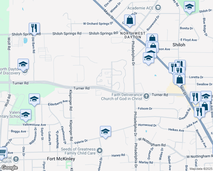 map of restaurants, bars, coffee shops, grocery stores, and more near 4717 Shaunee Creek Drive in Dayton