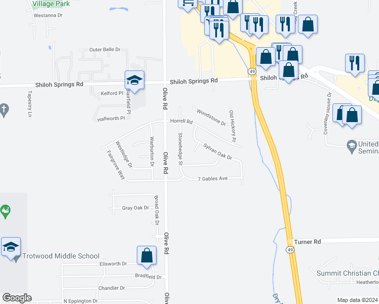 map of restaurants, bars, coffee shops, grocery stores, and more near 4609 Tara Way in Dayton