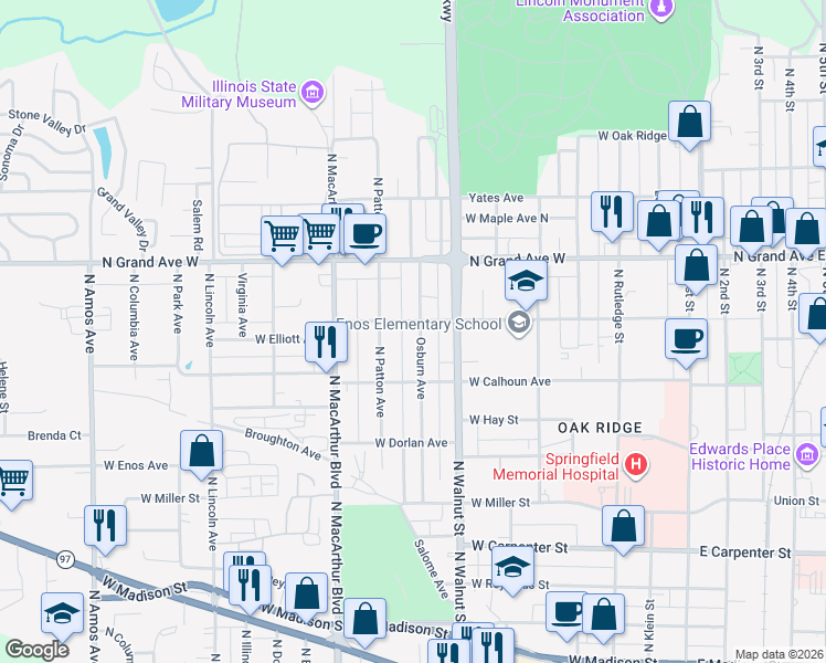 map of restaurants, bars, coffee shops, grocery stores, and more near 801 West Elliott Avenue in Springfield