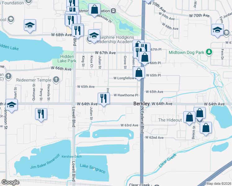 map of restaurants, bars, coffee shops, grocery stores, and more near 3210 West 65th Avenue in Denver
