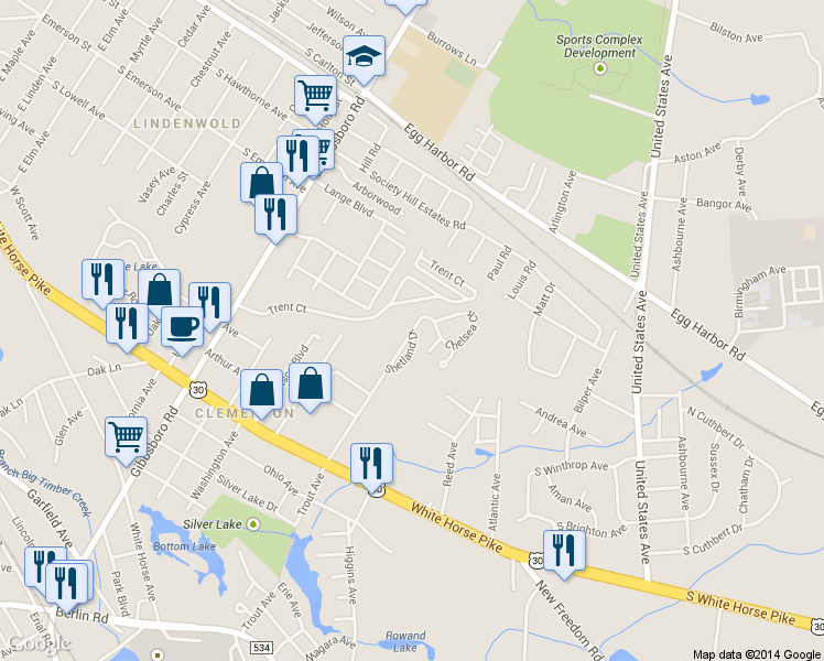 map of restaurants, bars, coffee shops, grocery stores, and more near 2116 Brand Avenue in Clementon