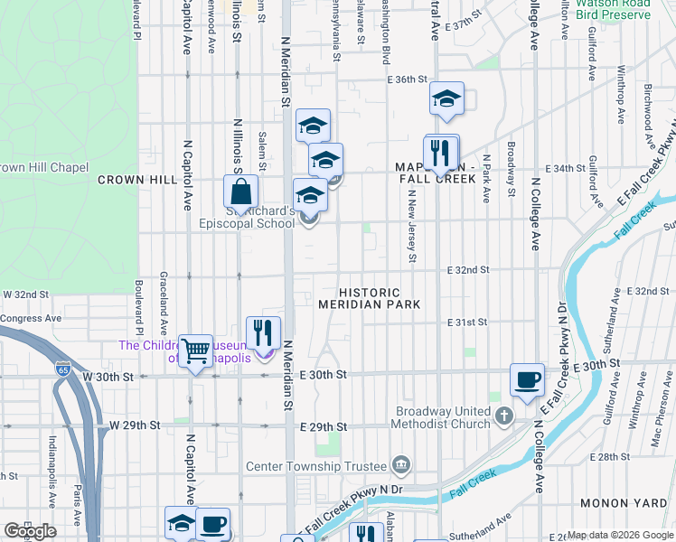 map of restaurants, bars, coffee shops, grocery stores, and more near North Pennsylvania Street in Indianapolis