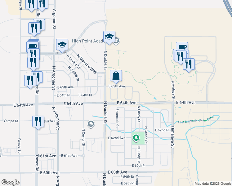 map of restaurants, bars, coffee shops, grocery stores, and more near 6482 Dunkirk Court in Aurora