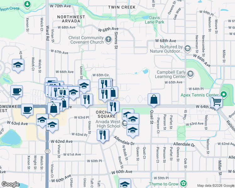 map of restaurants, bars, coffee shops, grocery stores, and more near 6503 Simms Street in Arvada
