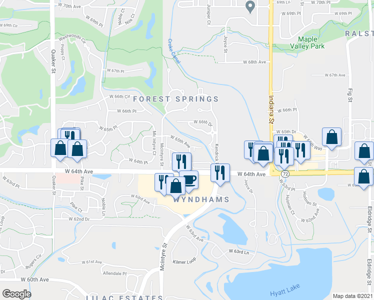 map of restaurants, bars, coffee shops, grocery stores, and more near 15423 West 65th Avenue in Arvada