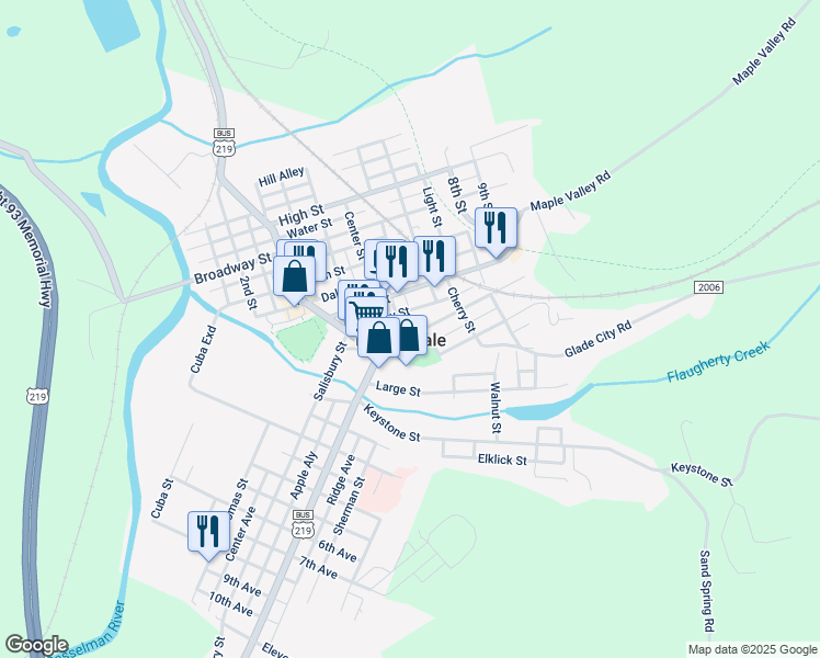 map of restaurants, bars, coffee shops, grocery stores, and more near 326 Clay Street in Meyersdale