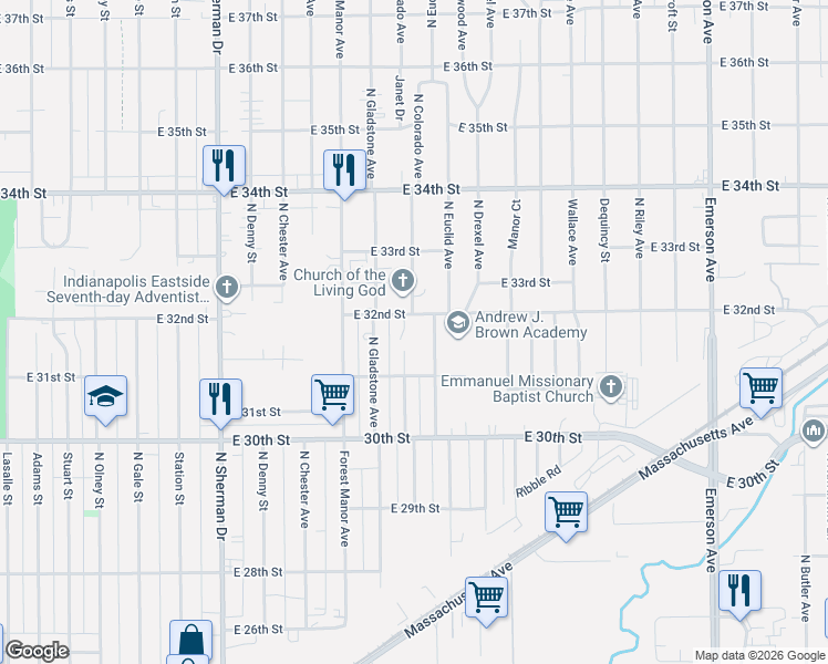 map of restaurants, bars, coffee shops, grocery stores, and more near 3160 North Colorado Avenue in Indianapolis