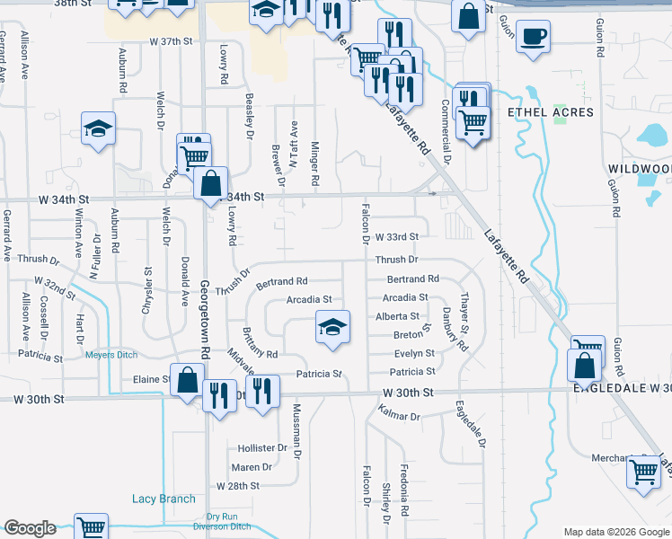 map of restaurants, bars, coffee shops, grocery stores, and more near 4308 Thrush Drive in Indianapolis