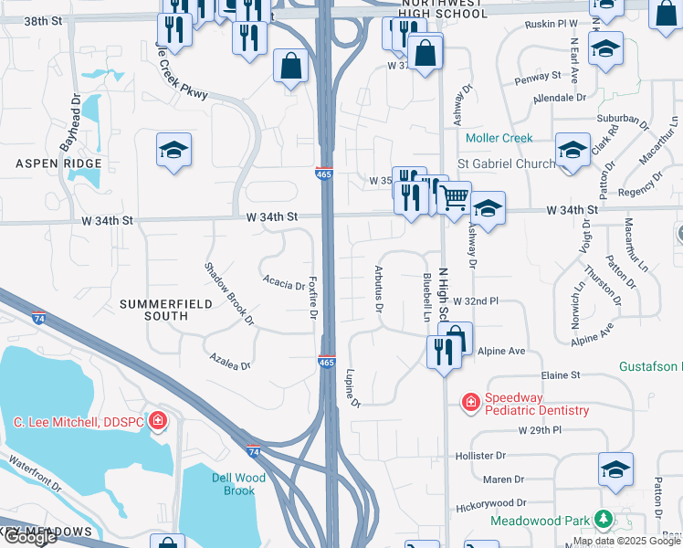 map of restaurants, bars, coffee shops, grocery stores, and more near 3314 Lupine Drive in Indianapolis