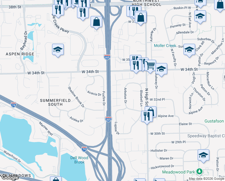 map of restaurants, bars, coffee shops, grocery stores, and more near 3314 Lupine Drive in Indianapolis