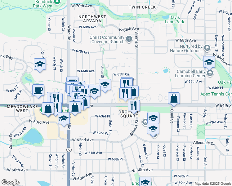 map of restaurants, bars, coffee shops, grocery stores, and more near 11815 West 64th Avenue in Arvada