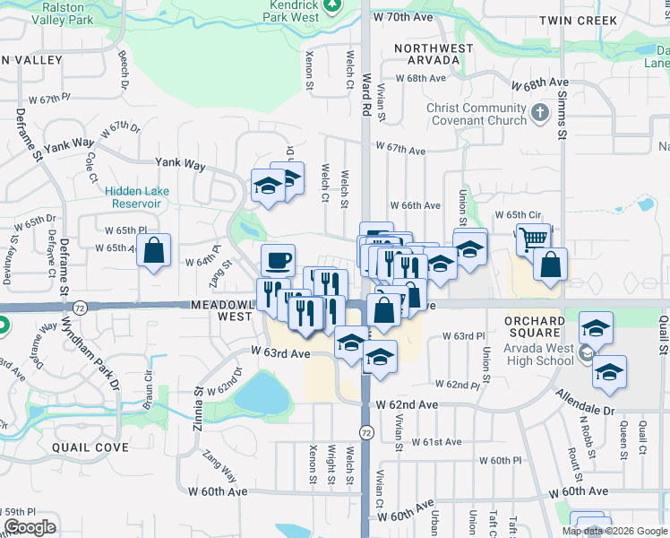 map of restaurants, bars, coffee shops, grocery stores, and more near 6476 Welch Court in Arvada